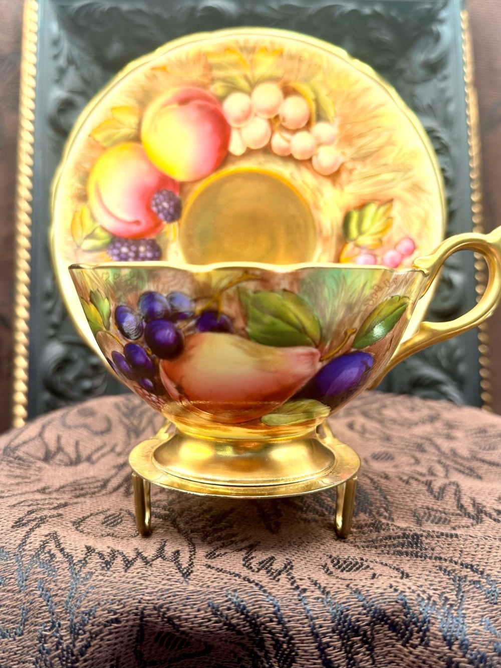 Aynsley Hand-Painted Fruit Motif Porcelain Teacup & Saucer - D Joned